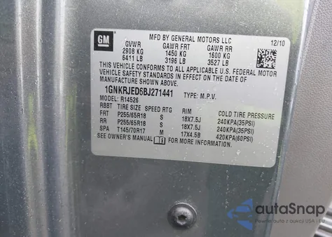 2011 Chevrolet Traverse 2Lt from USA, damaged, VIN 1GNKRJED6BJ271441